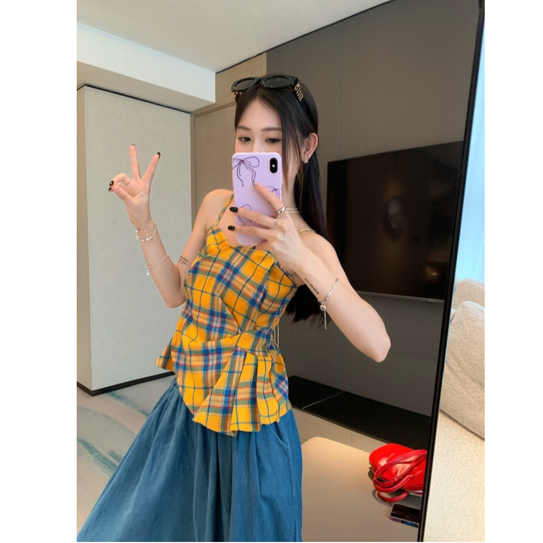 夏季休闲风少女百搭复古性感韩版格子吊带上衣