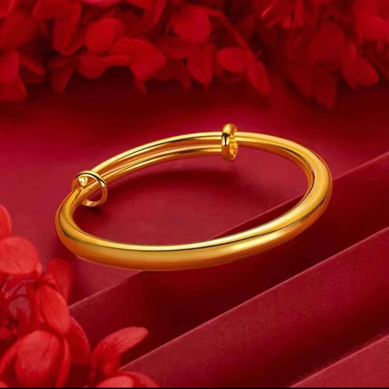 铜合金手镯 加粗光面推拉手镯光面手镯女款时尚素圈古法经典亮面