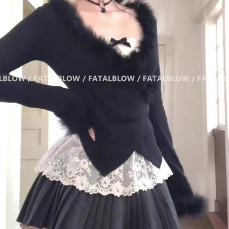 纯欲甜辣套装女秋冬季毛毛拼接针织衫上衣内搭蕾丝打底衫百褶裙子