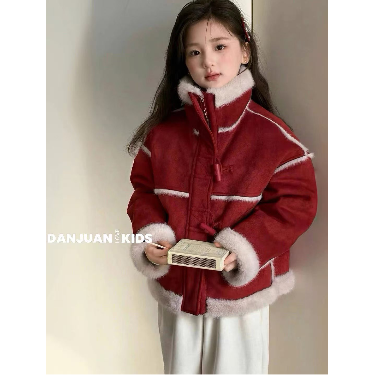 【丫丫童装】女童外套冬季女童皮毛一体儿童加绒红色拜年服厚大衣