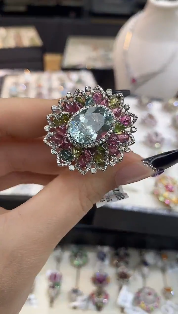 银S925镶嵌戒指定制海蓝宝石楚楚珠宝中古甄选不退换