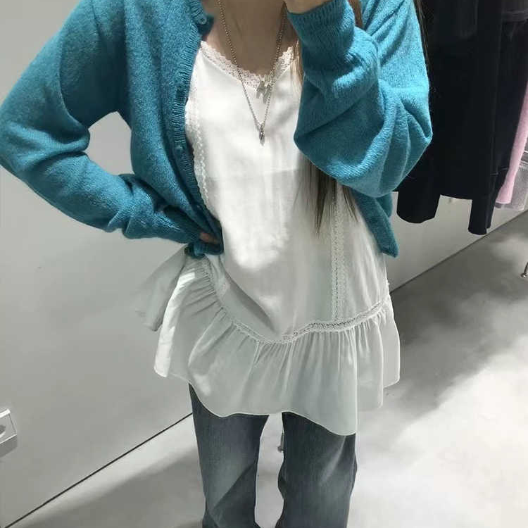 韩国东大门2025夏季nuese微透甜美蕾丝边拼接v领叠穿吊带裙 208