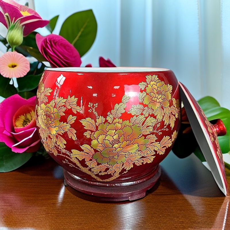 ZY-DP-A79中国红水晶釉牡丹花多功能储物罐+底座高25厘米宽25厘米