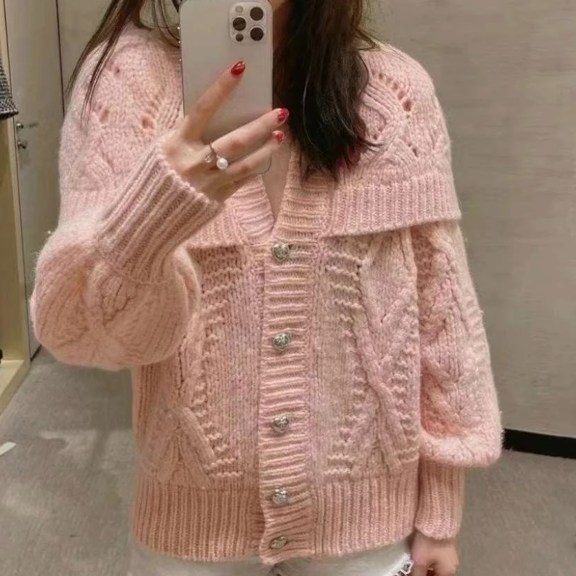 未使用 Chanel/香奈儿 汤/P245722728/橘粉色钻logo钮扣毛衣 38
