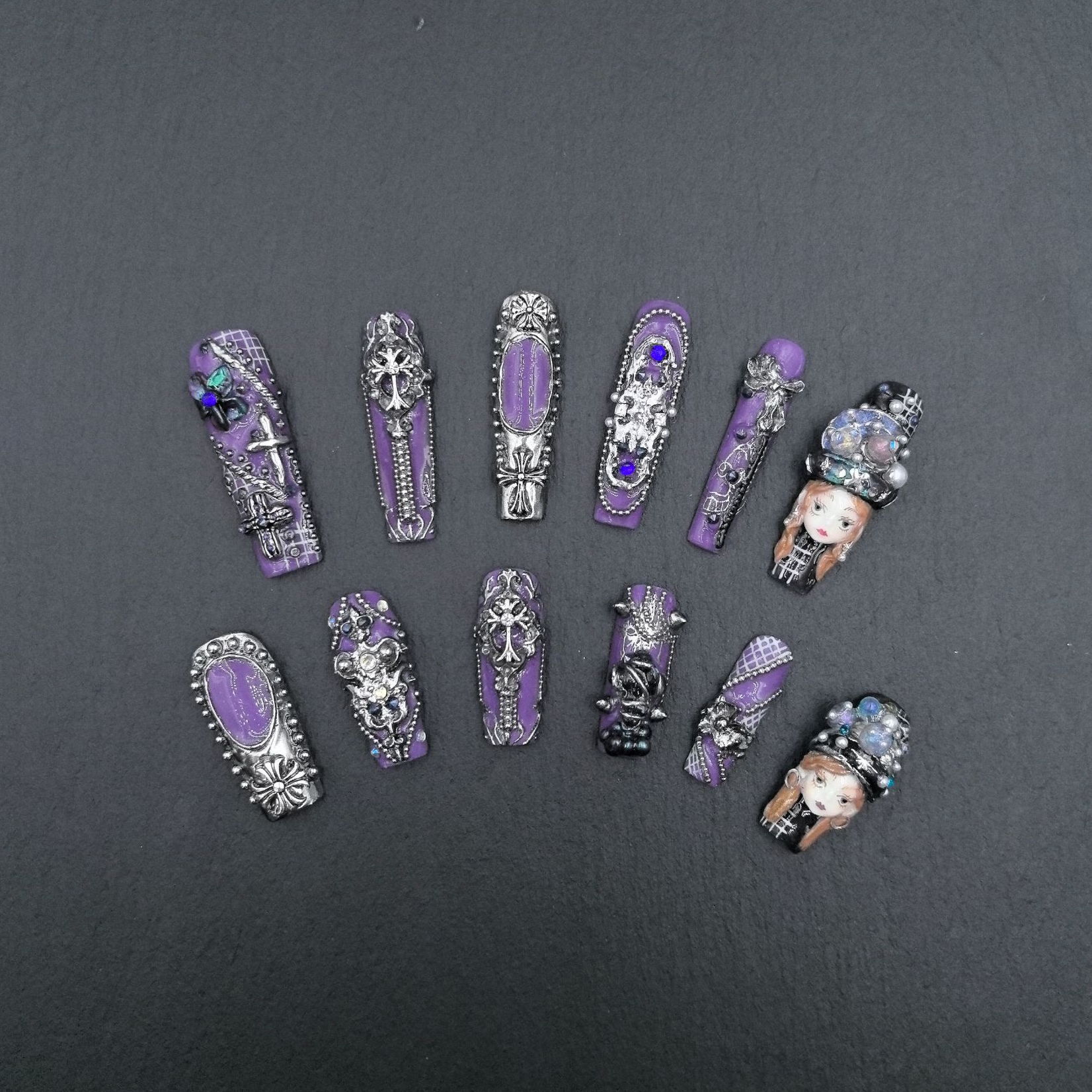 【Dandan出品】深紫巫宴 12片 纯手工重工设计娃娃款穿戴甲