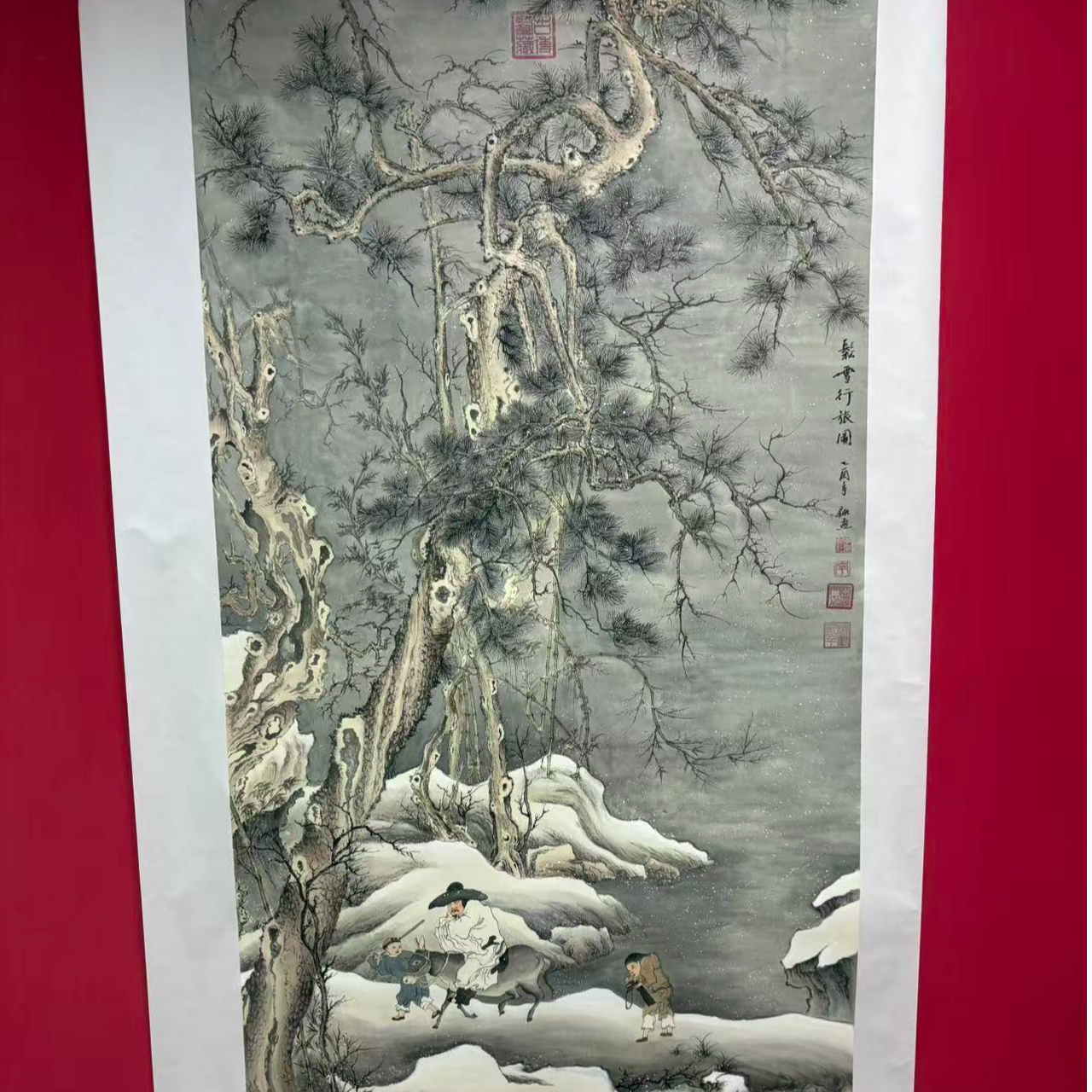 李新社-手绘宣纸六尺竖幅松雪行旅图山水画