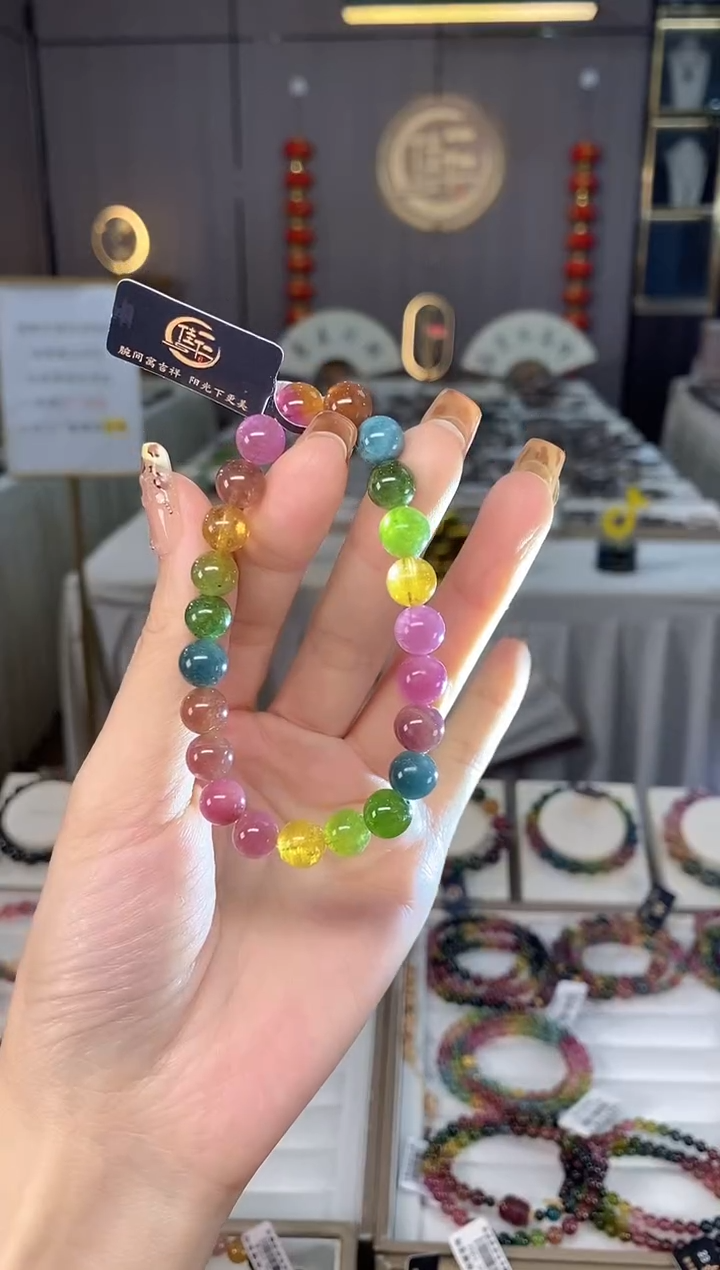 未镶嵌老矿碧玺色标彩虹单圈手串9mm+碧玺dan多样性发货一条