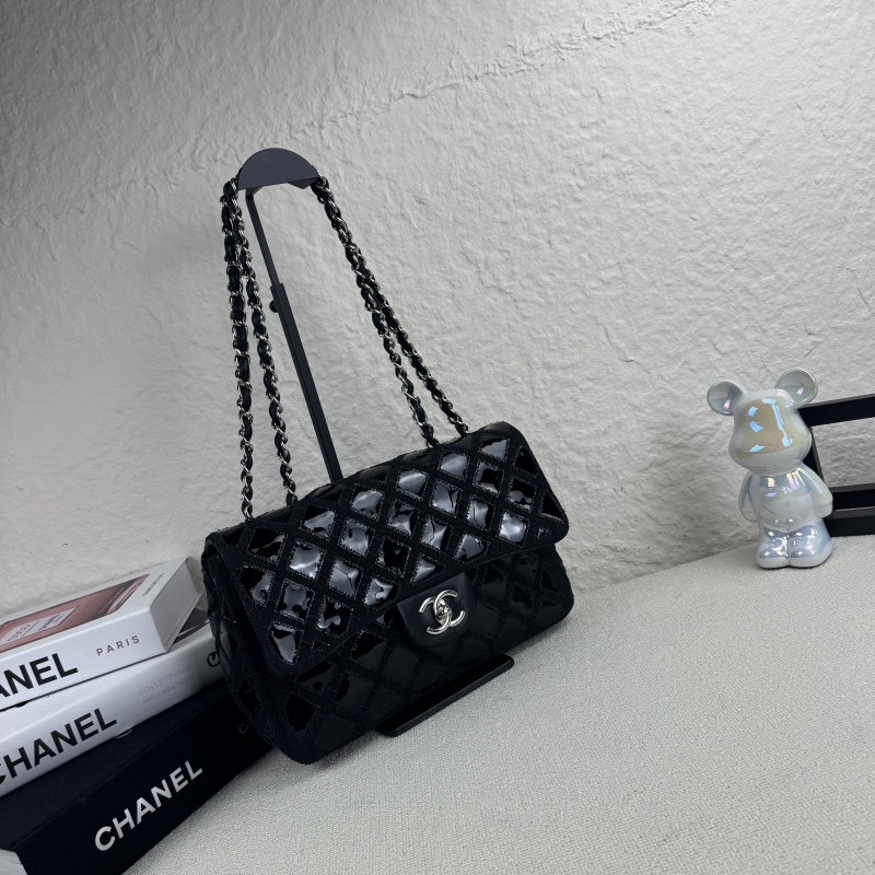 95新 Chanel/香奈儿 黑银网格外缝线拼漆皮cf jumbo包 长30 14开