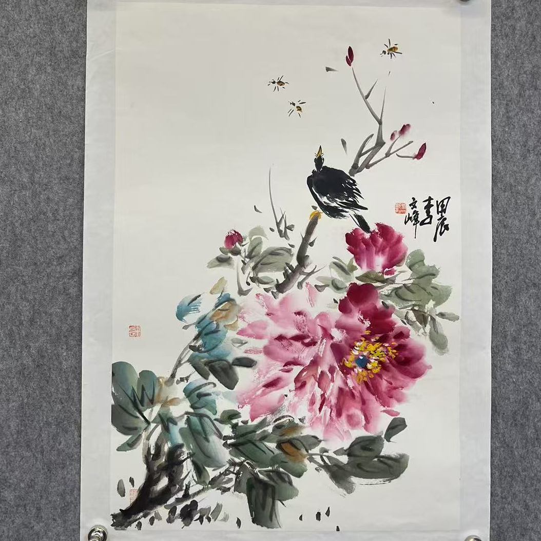 四尺三开-牡丹八哥-李老师作品
