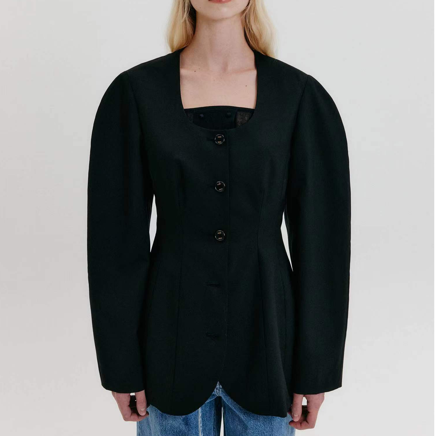 EENK 25春夏新款韩版方领收腰单排扣西装外套气质百搭设计