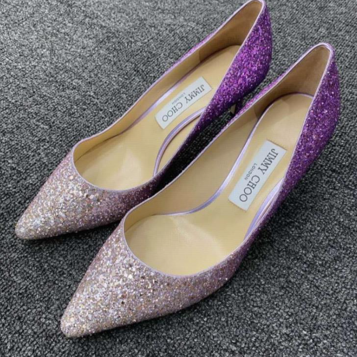 99新 JIMMY CHOO/吉米周 亮片细跟高跟鞋6cm 白紫渐变/38