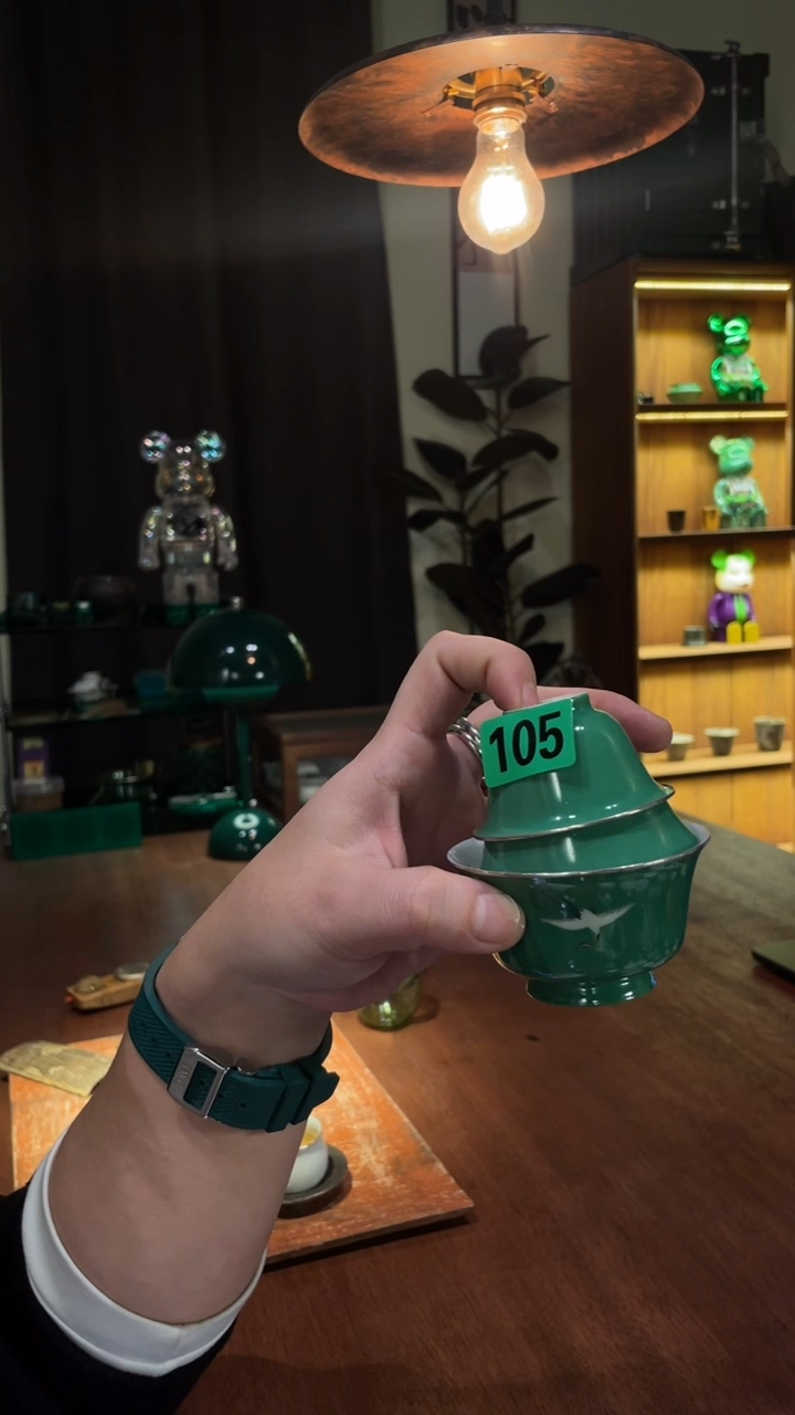 微瑕 包银绿飞鹤盖碗加小杯..105