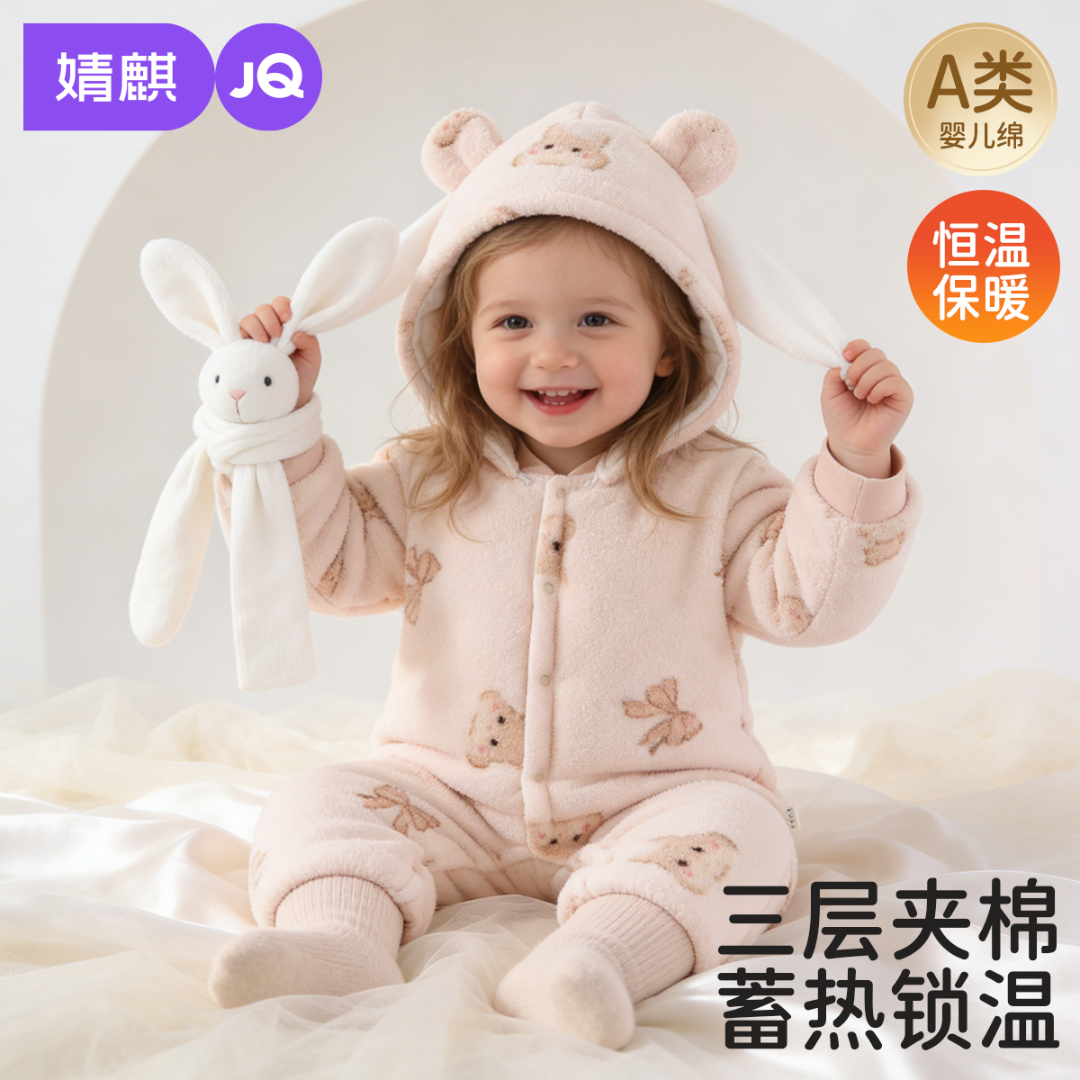 婧麒婴儿衣服秋冬季保暖夹棉宝宝外出服连体衣新生儿加厚冬装棉服