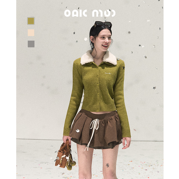 OAKMOO/羊毛可拆卸毛领刺绣毛衣开衫