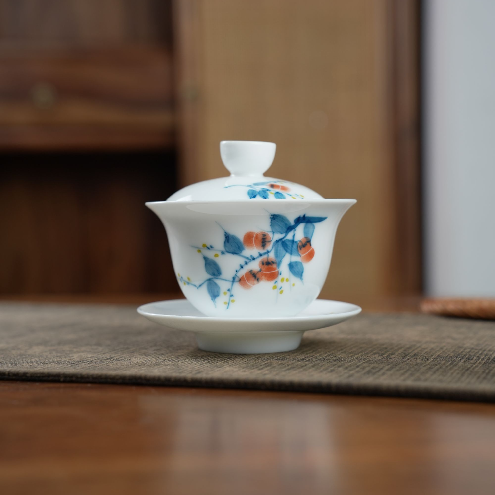 手绘高温釉下彩羊脂玉150ml大盖碗柿子三才茶盖碗