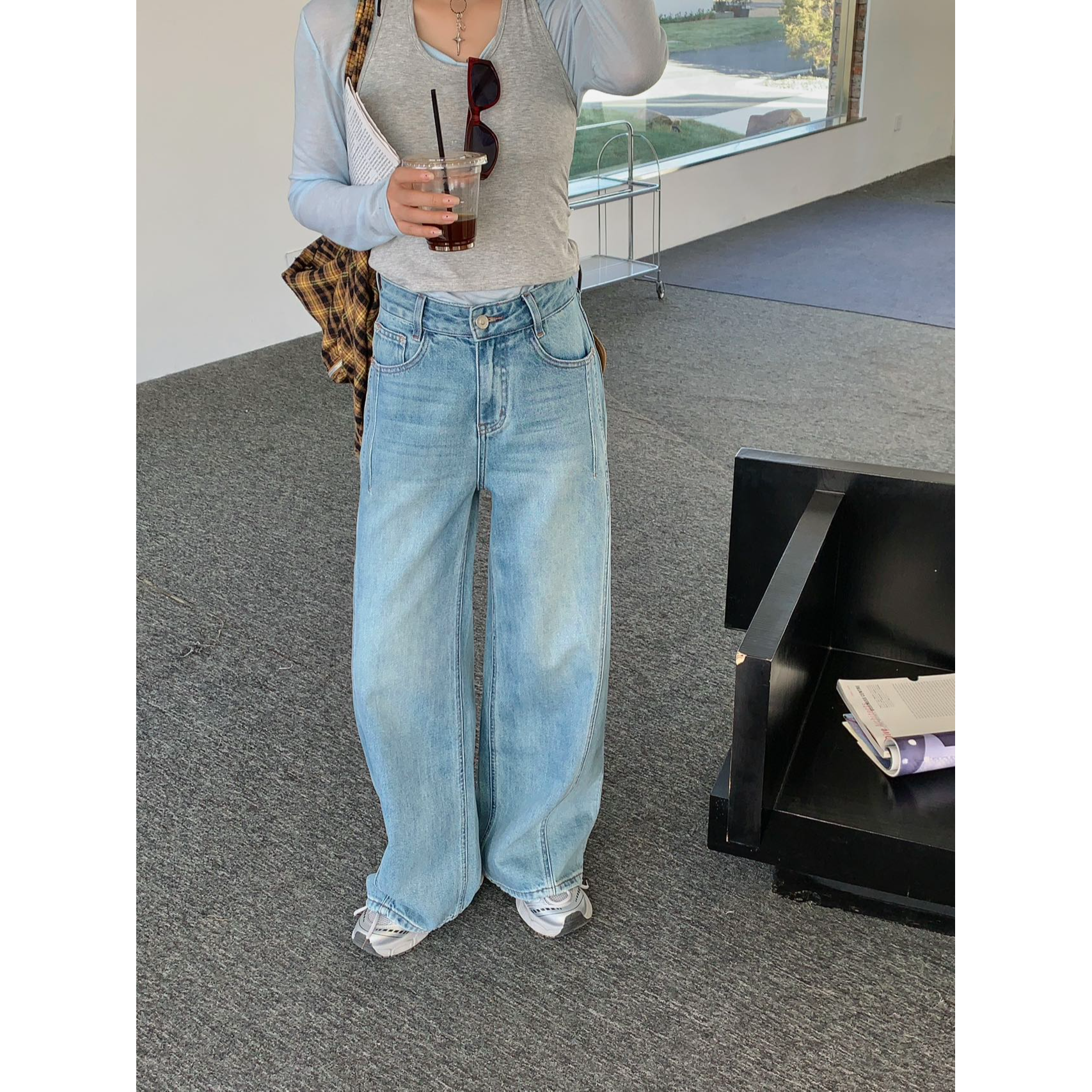 2025春季欧货新款安绮丝58380高腰显瘦高弹直筒拖地阔腿牛仔裤女