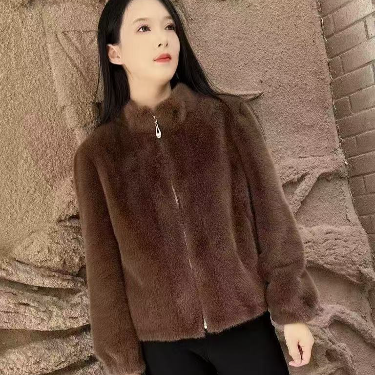 秋冬新款水貂绒立领拉链毛毛外套网红欧貂绒开衫外套815#