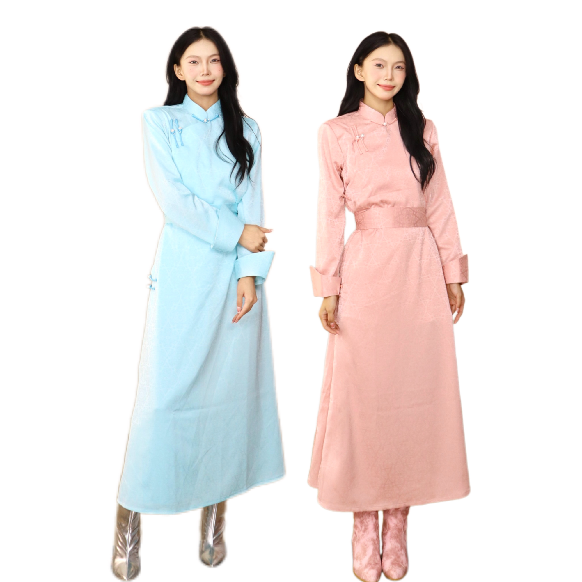 【蒙之艺】暗纹花女士长款正肩马蹄袖蒙古袍