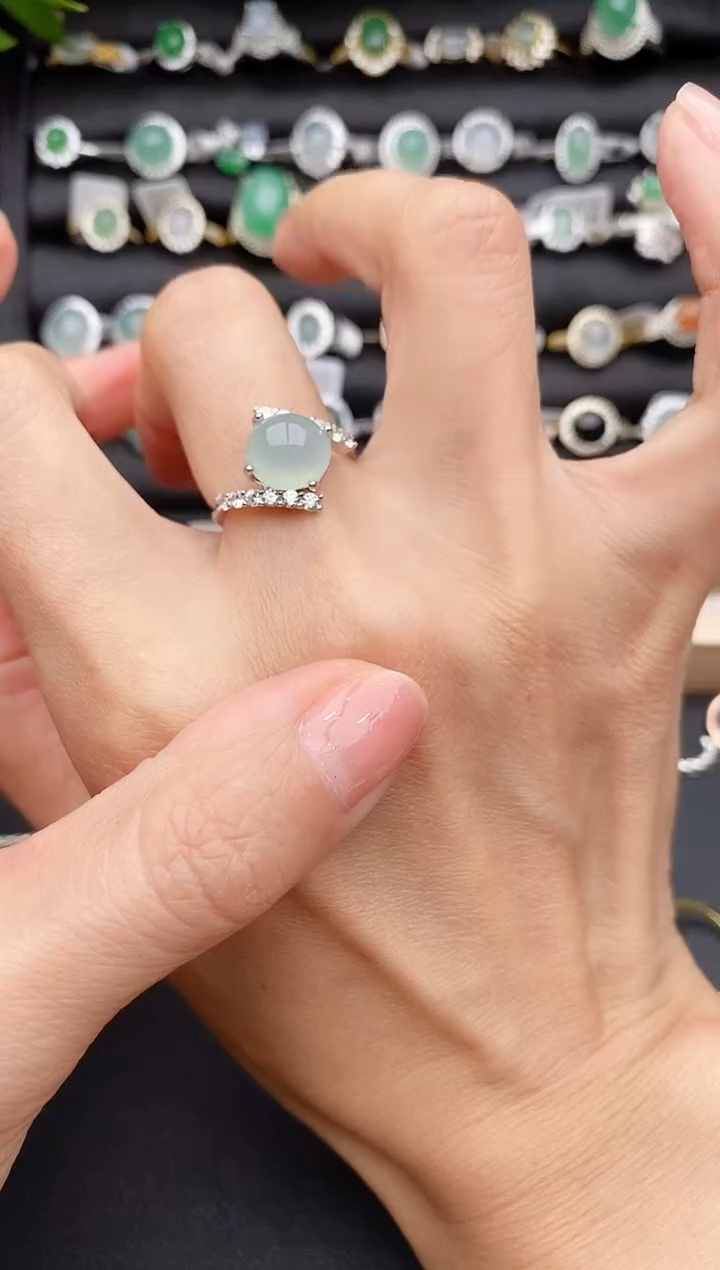 【闪购商品】翡翠戒指银S925镶嵌缅甸天然A货翡翠444   5-7