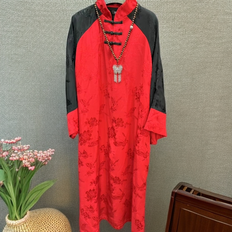 等闲集国风新中式黑红拼色立领连衣裙