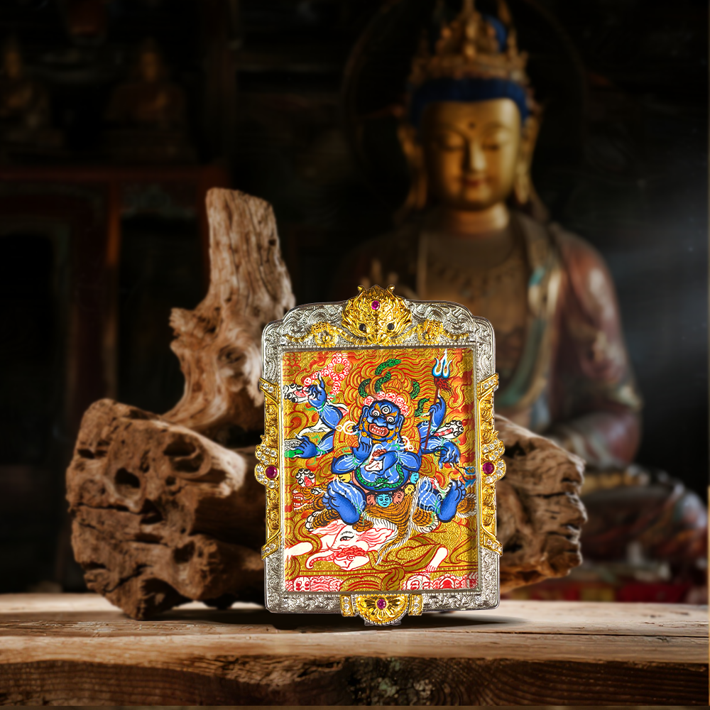 【贡拂】热贡兰周卡大师手绘 六臂大黑天 24k金唐 唐卡吊坠 4×5cm
