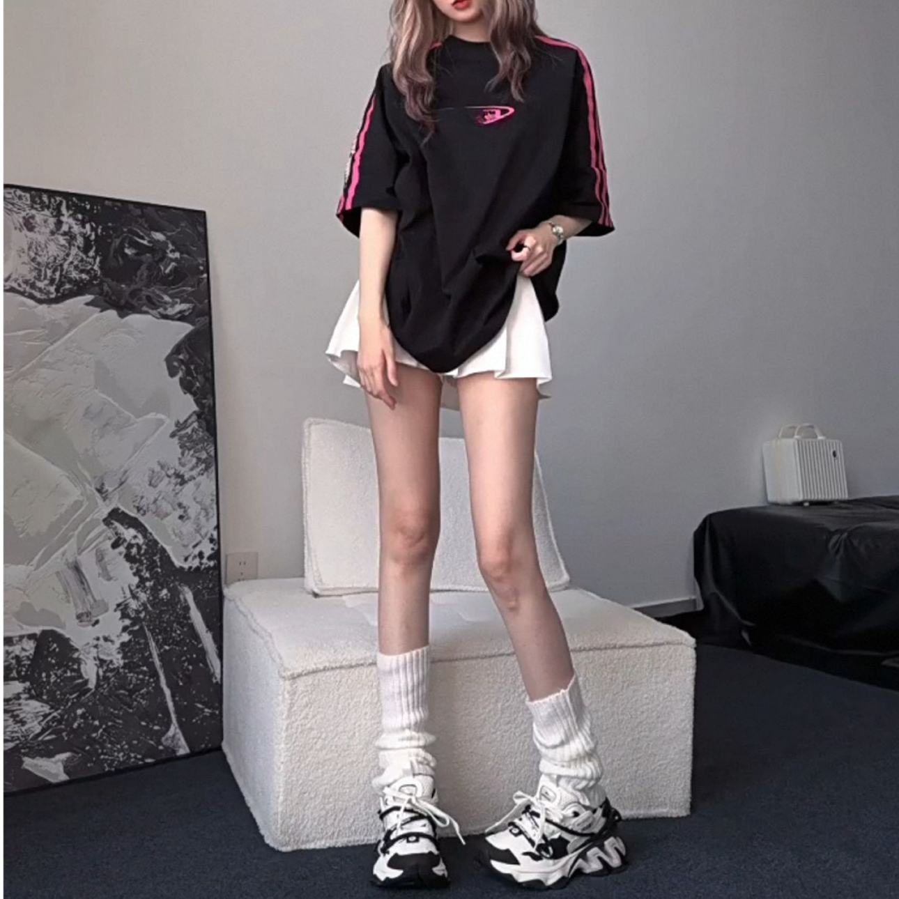 A.拼接拼条印花重磅短袖 甜酷风~