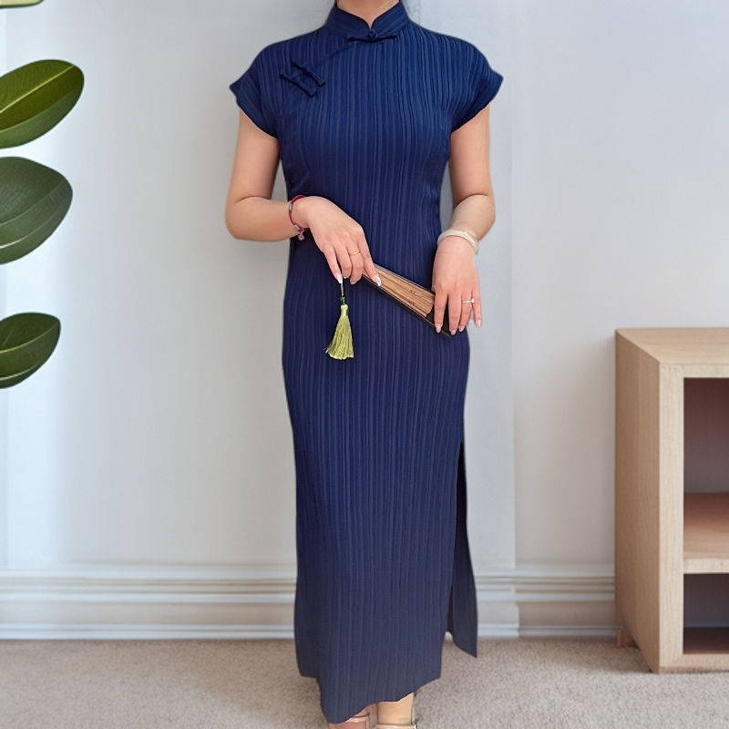 新中式国风纯色竖条纹复古显瘦提花修身日常素雅改良旗袍单层8711