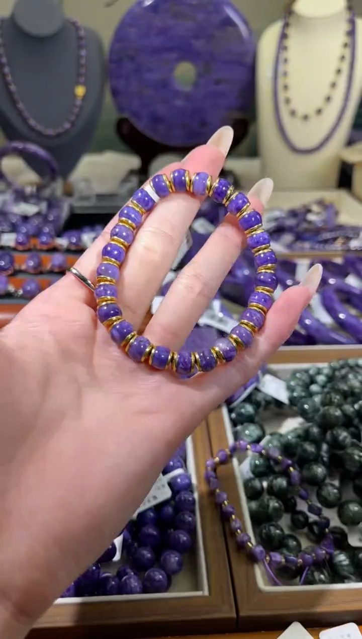 银S925镶嵌查罗石（紫龙晶）珠串直切8