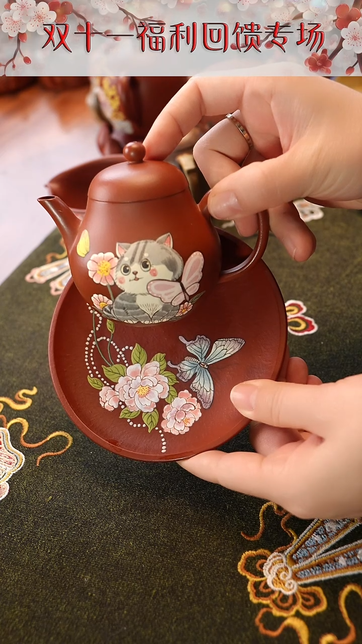 茶壶紫砂朱泥猫咪小梨