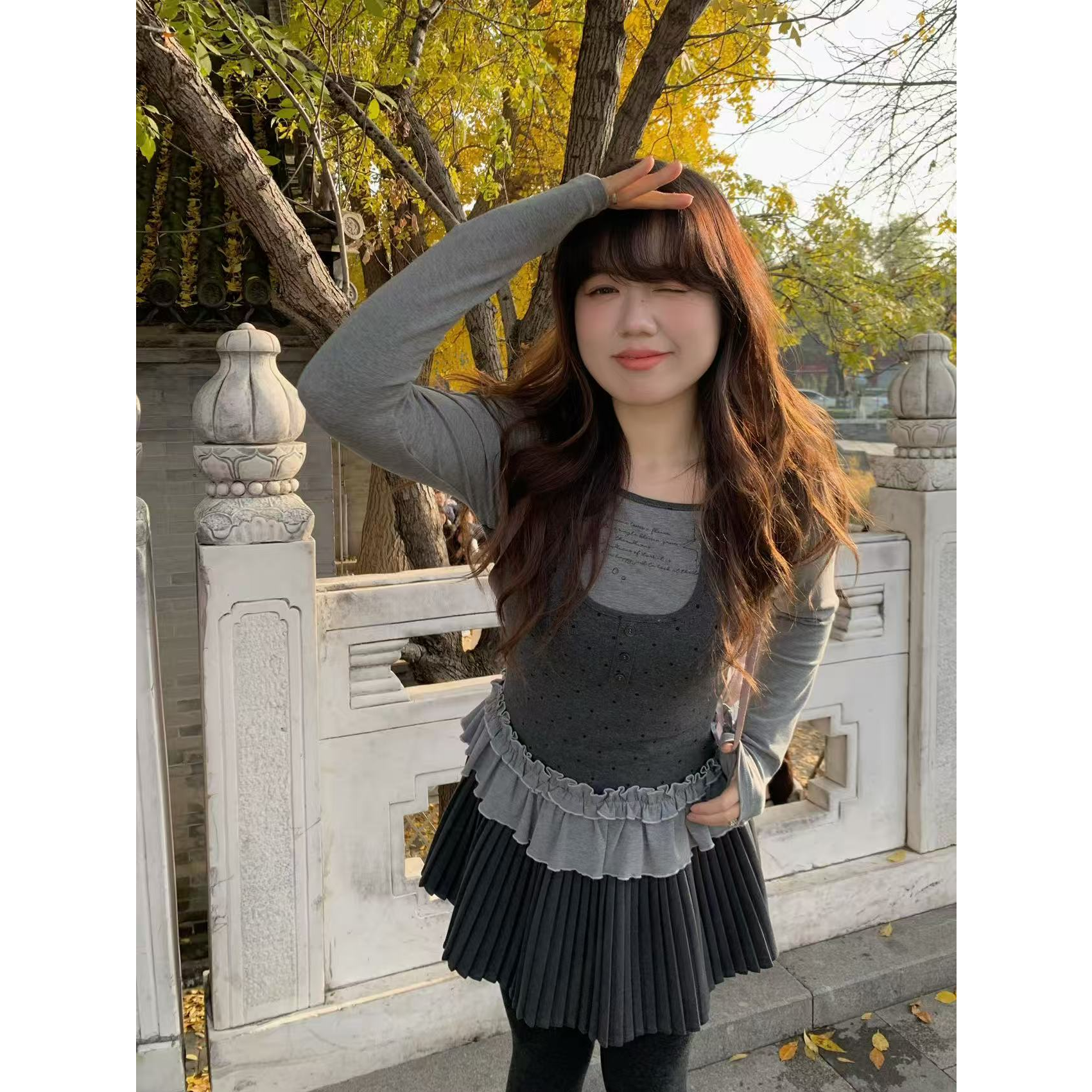 【双11新品】米米子“返校韩女”定制假两件波点花边上衣设计感显瘦