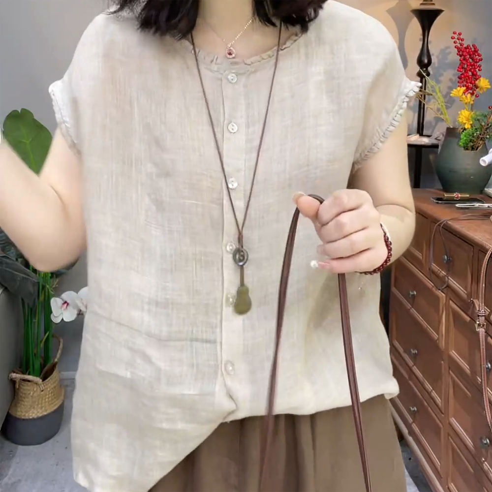 斜纹苎麻花边领衬衫女夏季单排扣显瘦百搭休闲气质小衫短袖上衣