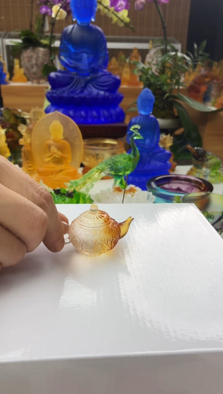 手工艺品琉璃琥珀色如意壶茶宠摆件