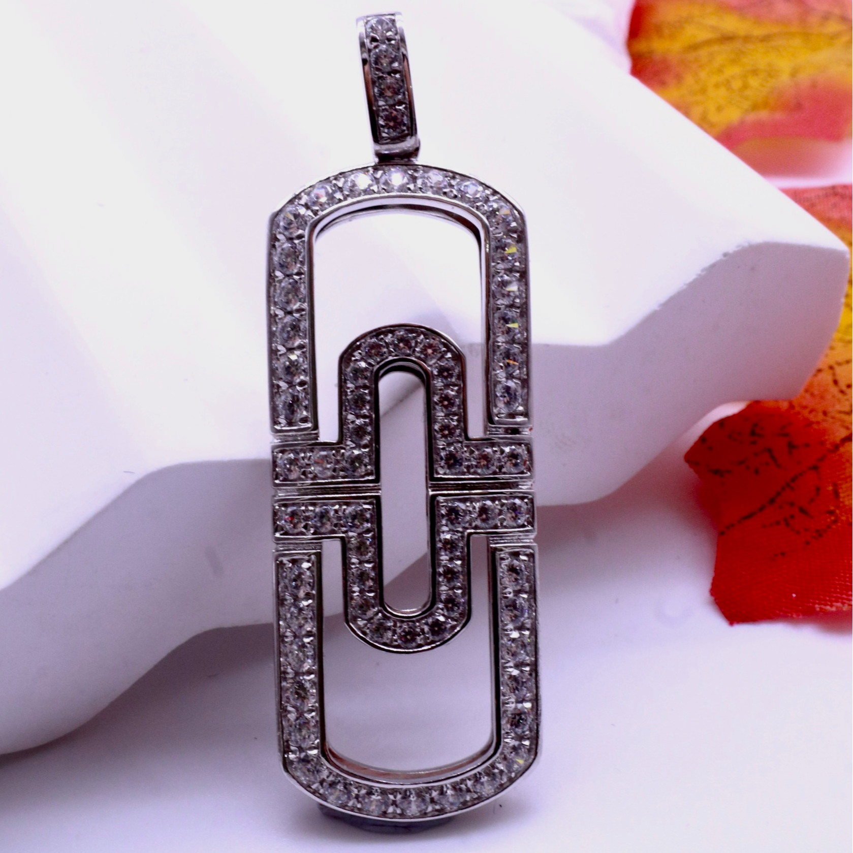 铂金PT950精美回形针吊坠气质轻奢时尚百搭复古银色镶嵌坠链