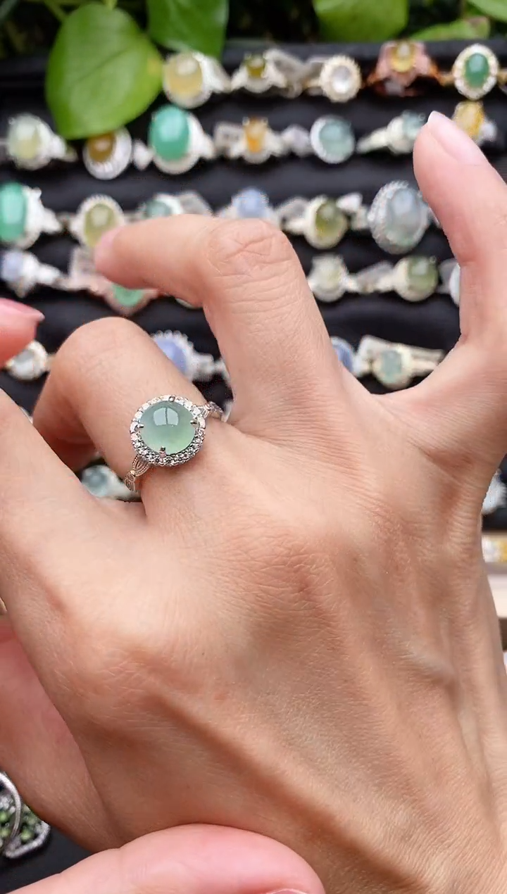 【闪购商品】翡翠戒指银S925镶嵌缅甸天然A货翡翠88  5-