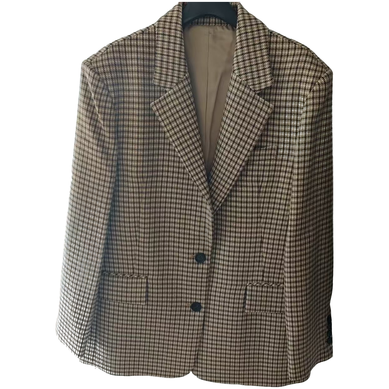 反季 棕色格子V领100%羊毛西装外套