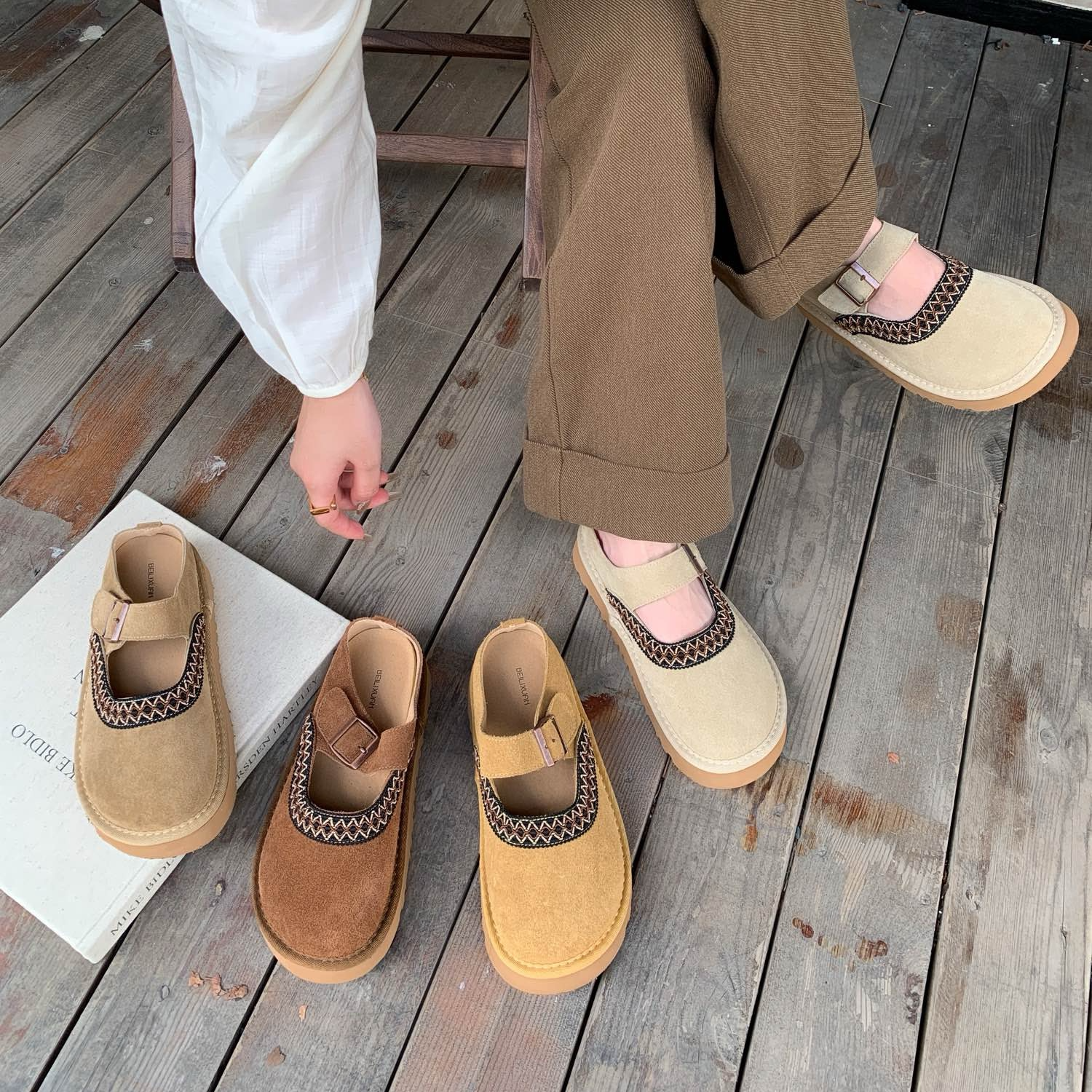 VEEFSHOW 3621-1 浅口民族风包头韩版磨砂包头拖百搭半拖休闲鞋