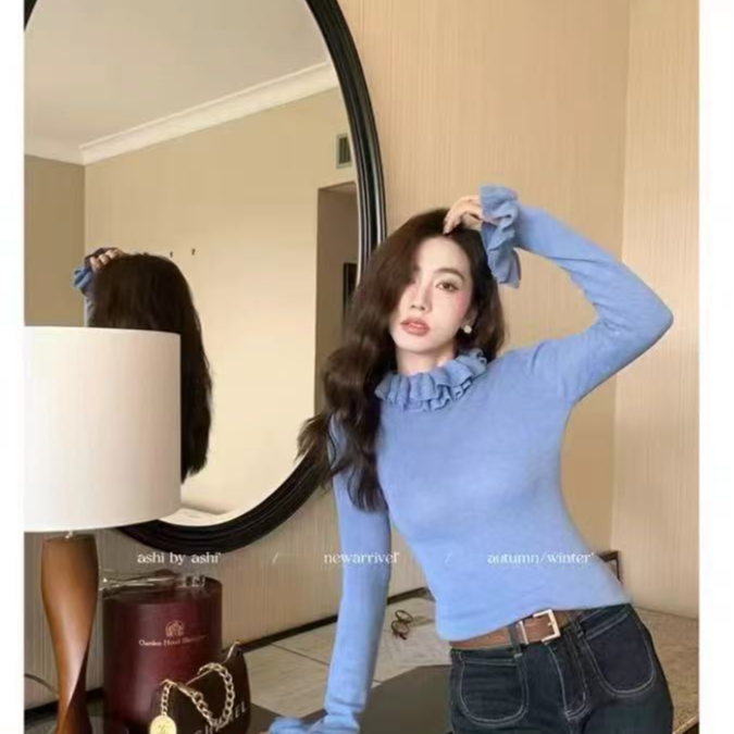 秋冬可外穿精致打底木耳花边高领显瘦内搭柔软亲肤长袖针织衫