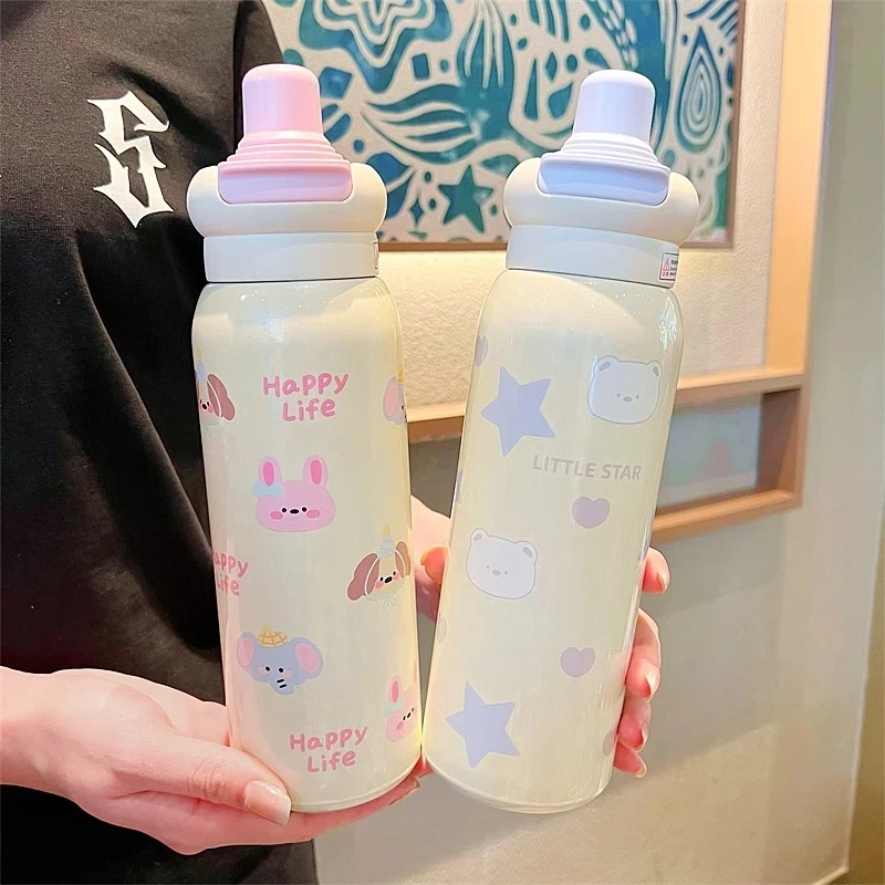 新款可爱陶瓷内胆吸管保温杯女高颜值网红双饮学生便携运动水杯中
