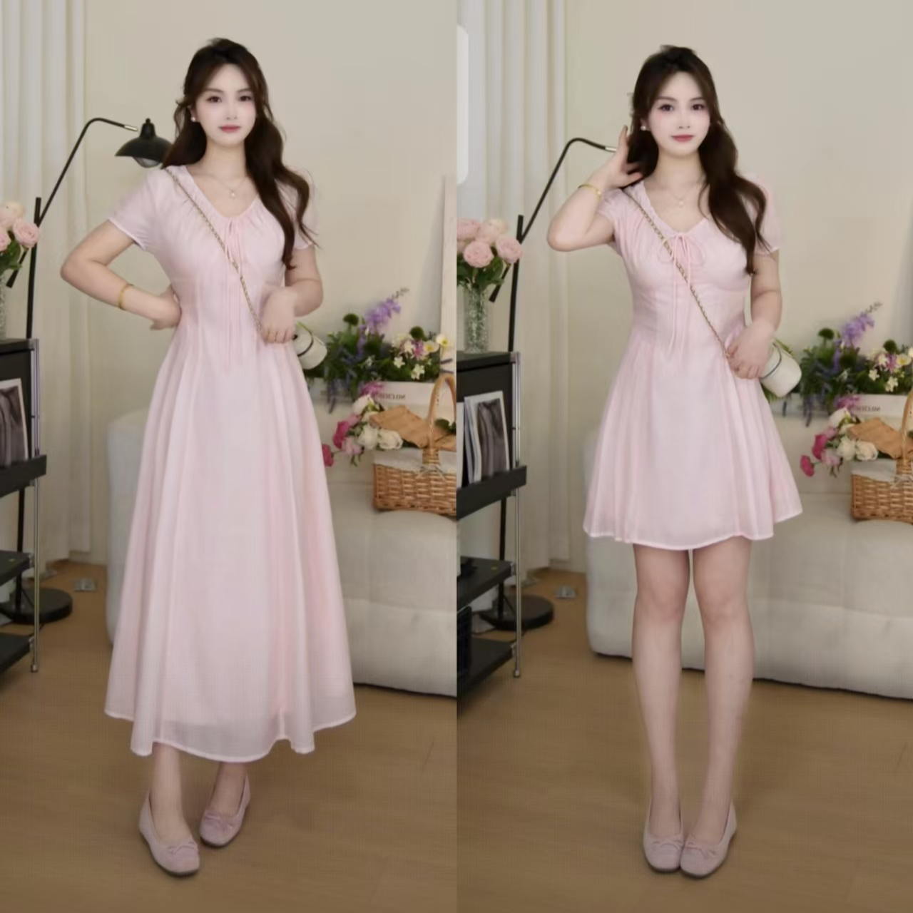 【鹿鹿】微胖定制夏季显瘦法式甜美蜜桃粉小众收腰连衣裙裙子WP9933