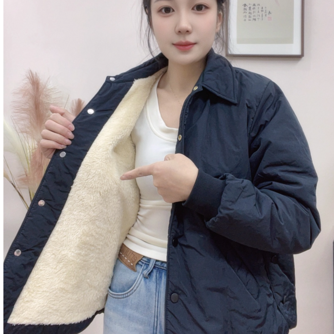 翻领保暖女棉服简约撞色短款棉衣外套复古上衣加绒加厚宽松时尚