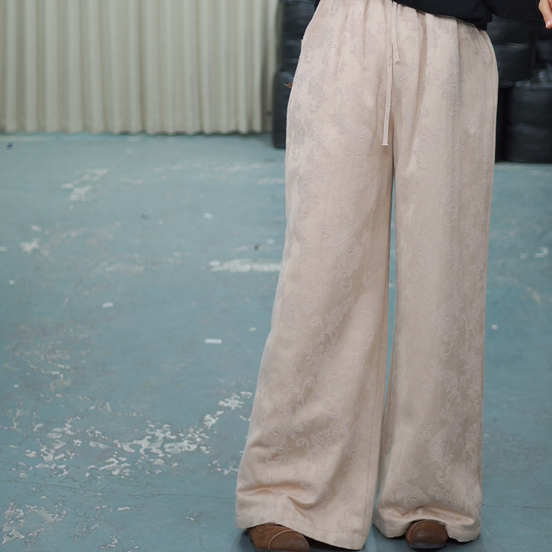 花璟与麻原创设计款提花夹棉棉裤（裤长102臀围130腰围66-106）