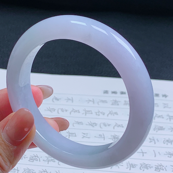 58圈天然翡翠A货老坑冰糯种淡紫色正圈手镯059女款冰透平安镯