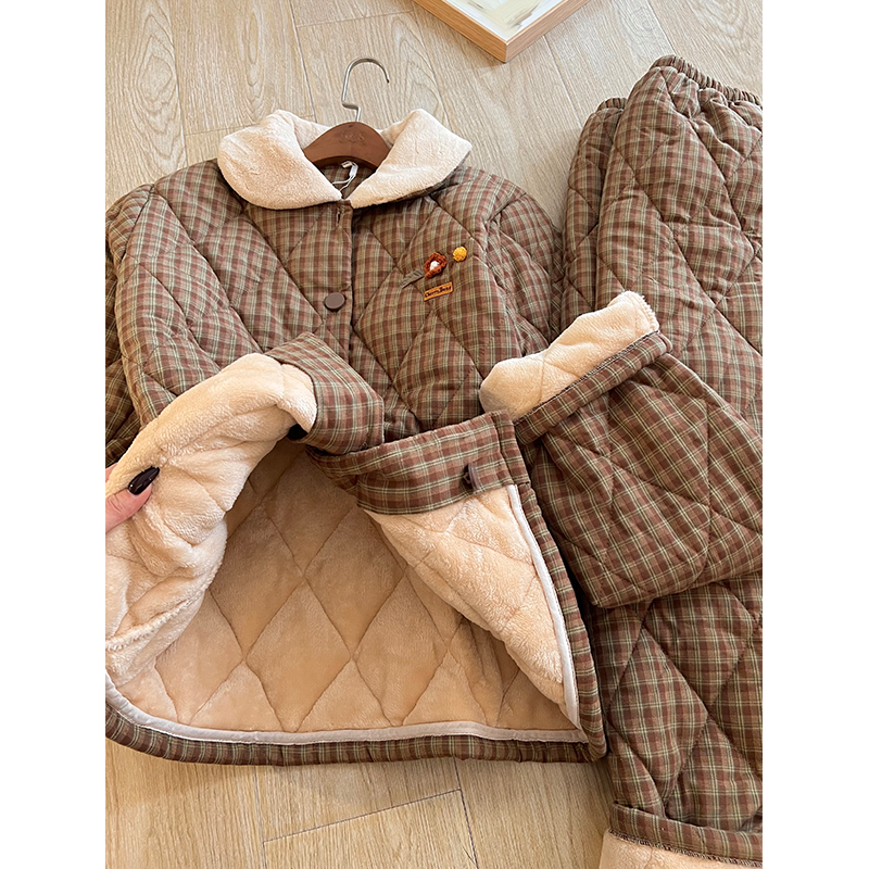 高级感格子加厚夹棉睡衣女冬季新款保暖加绒棉袄家居服套装可外穿