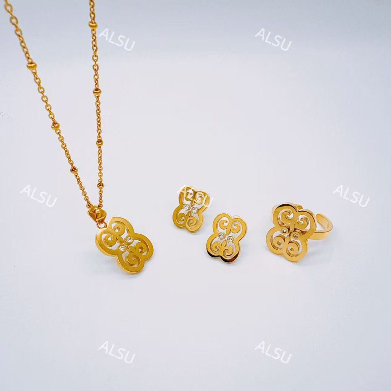 合金项链 ALSU原创新款轻奢简约项链耳钉戒指三件套百搭时尚气质