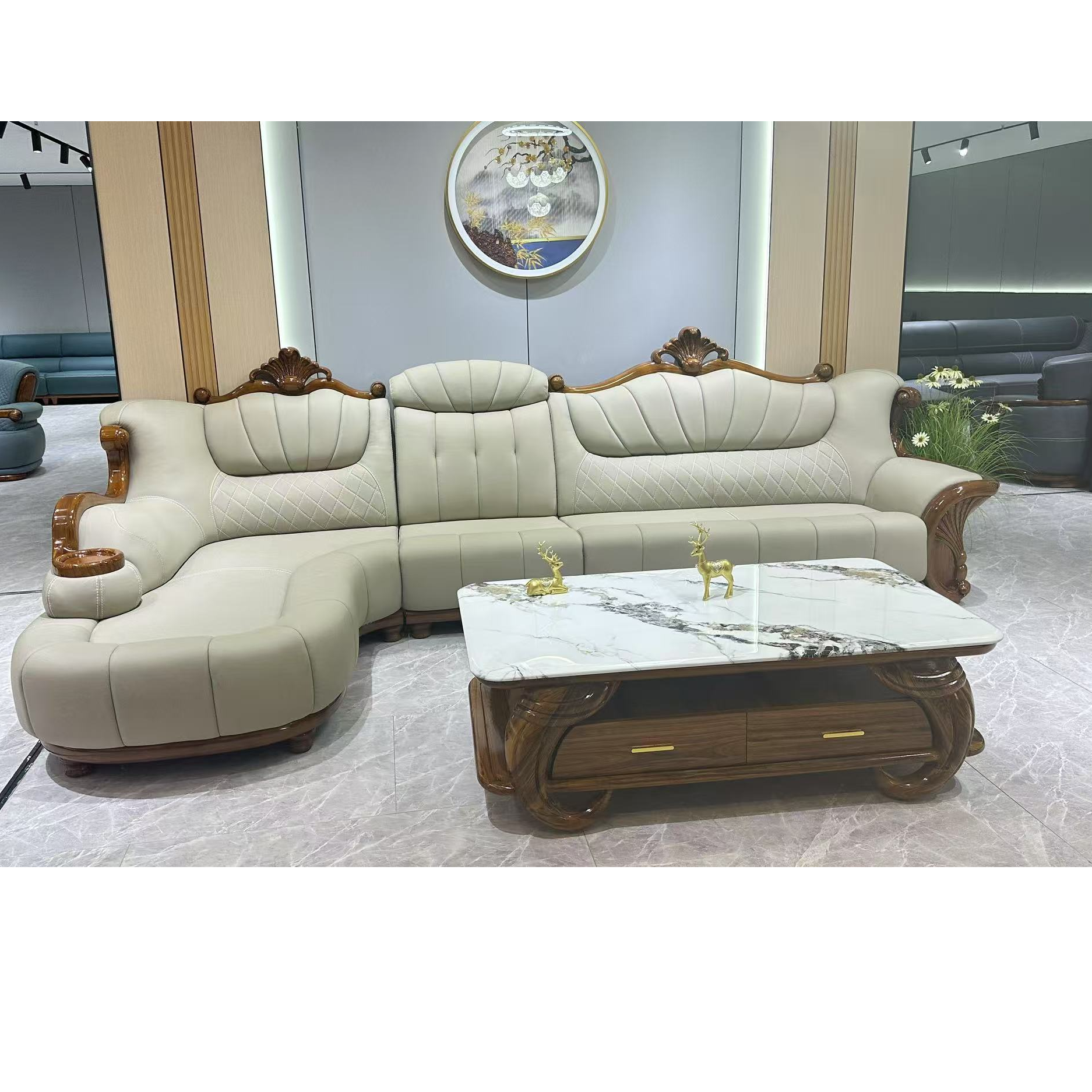 乌金木真皮沙发米白色 可定制颜色和尺寸 新中式 简欧 极简 现代