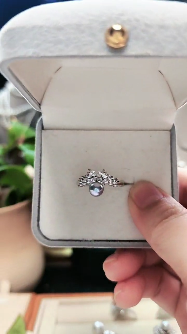 海水珍珠戒指银S925镶嵌真多麻四叶戴妃戒指