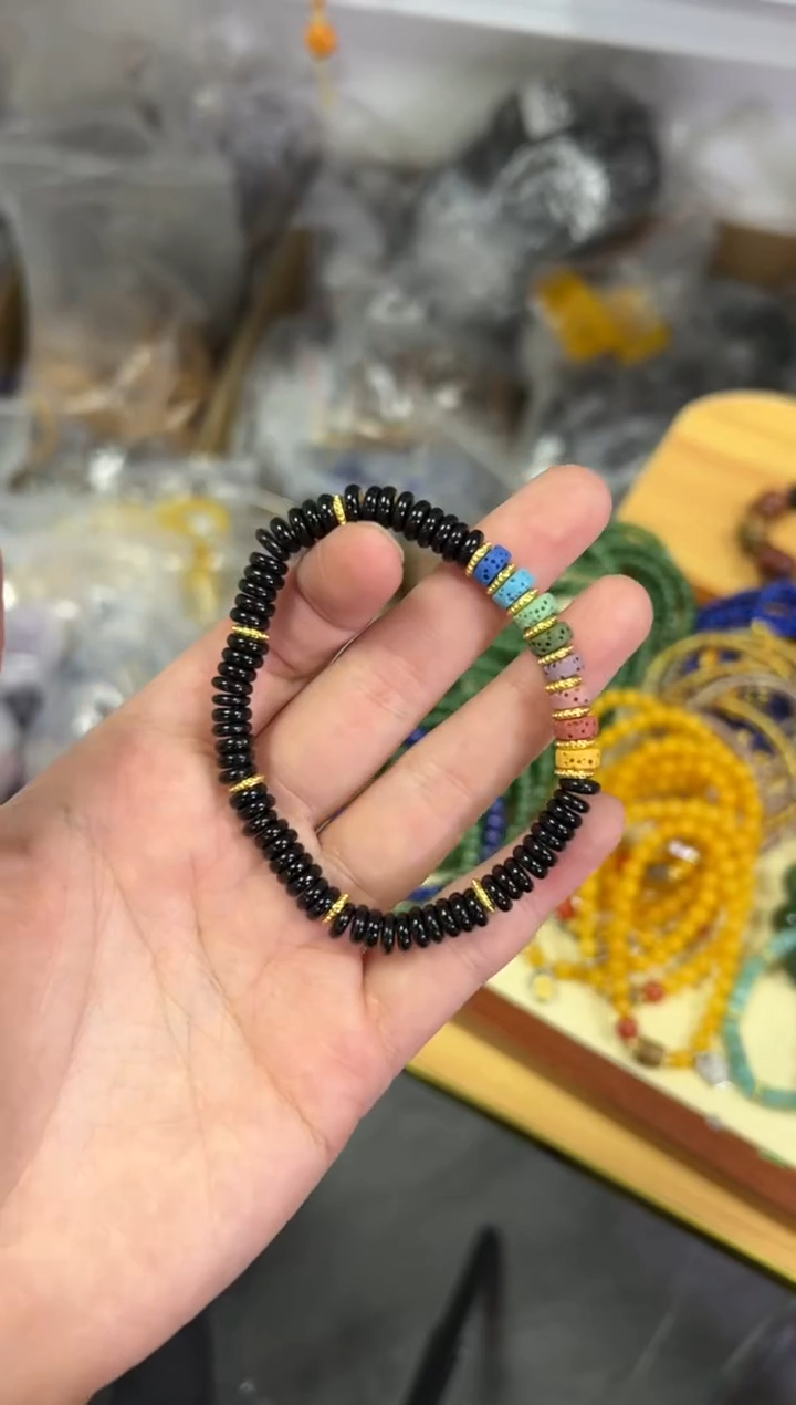 【闪购商品】黑曜岩手链未镶嵌黑曜石彩色多宝蝶珠款手链