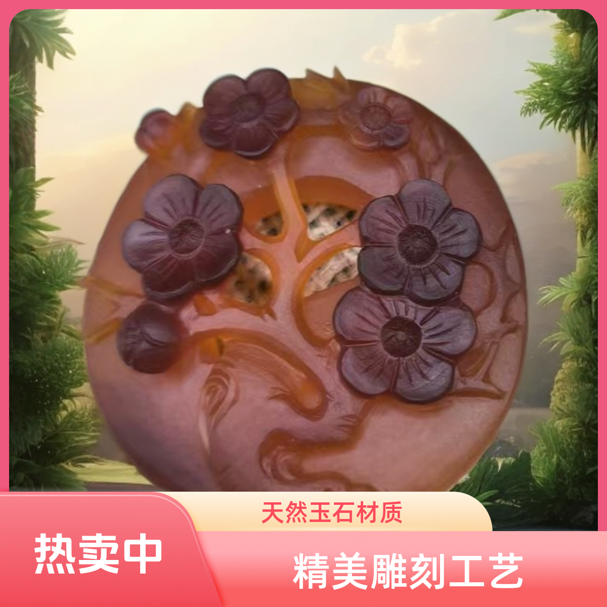 玛瑙红梅花吊坠镂空设计俏色巧雕