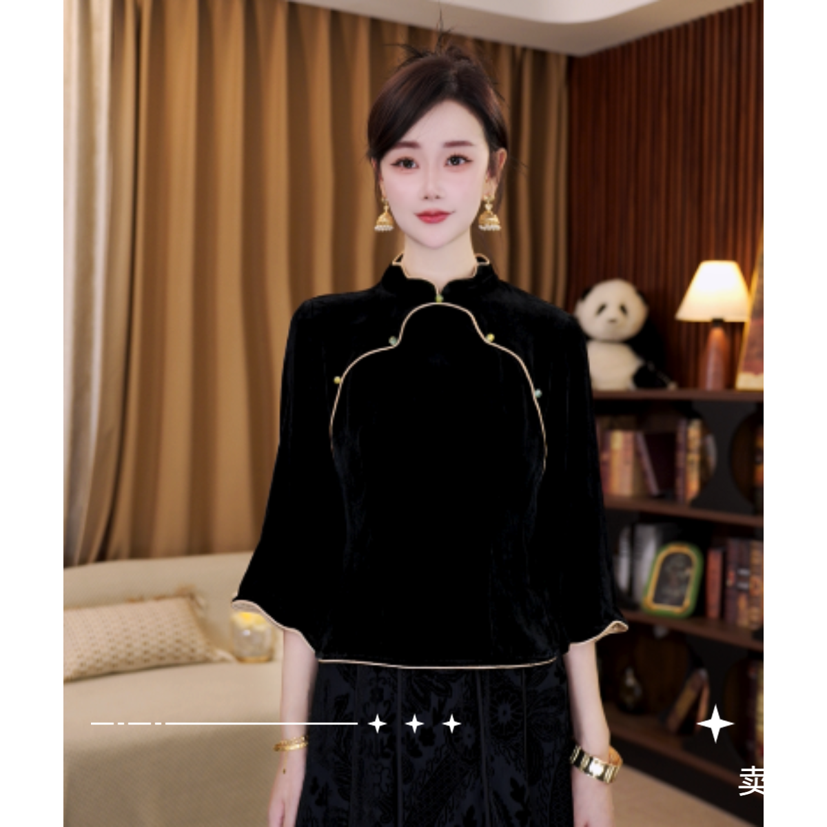 【陌上】满分桑蚕丝丝绒上衣女秋修身新中式国风真丝小衫LYFSY0601