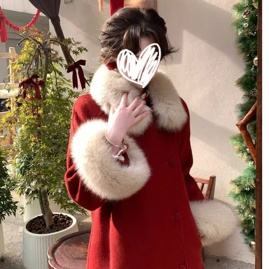洋气秋冬中长款冬款时尚红色狐狸毛毛呢大衣羊毛外套